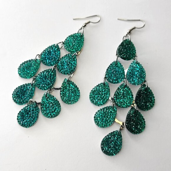 Aqua Green Dangling Long Earrings Light Chandelier Earrings - Picture 2 of 4